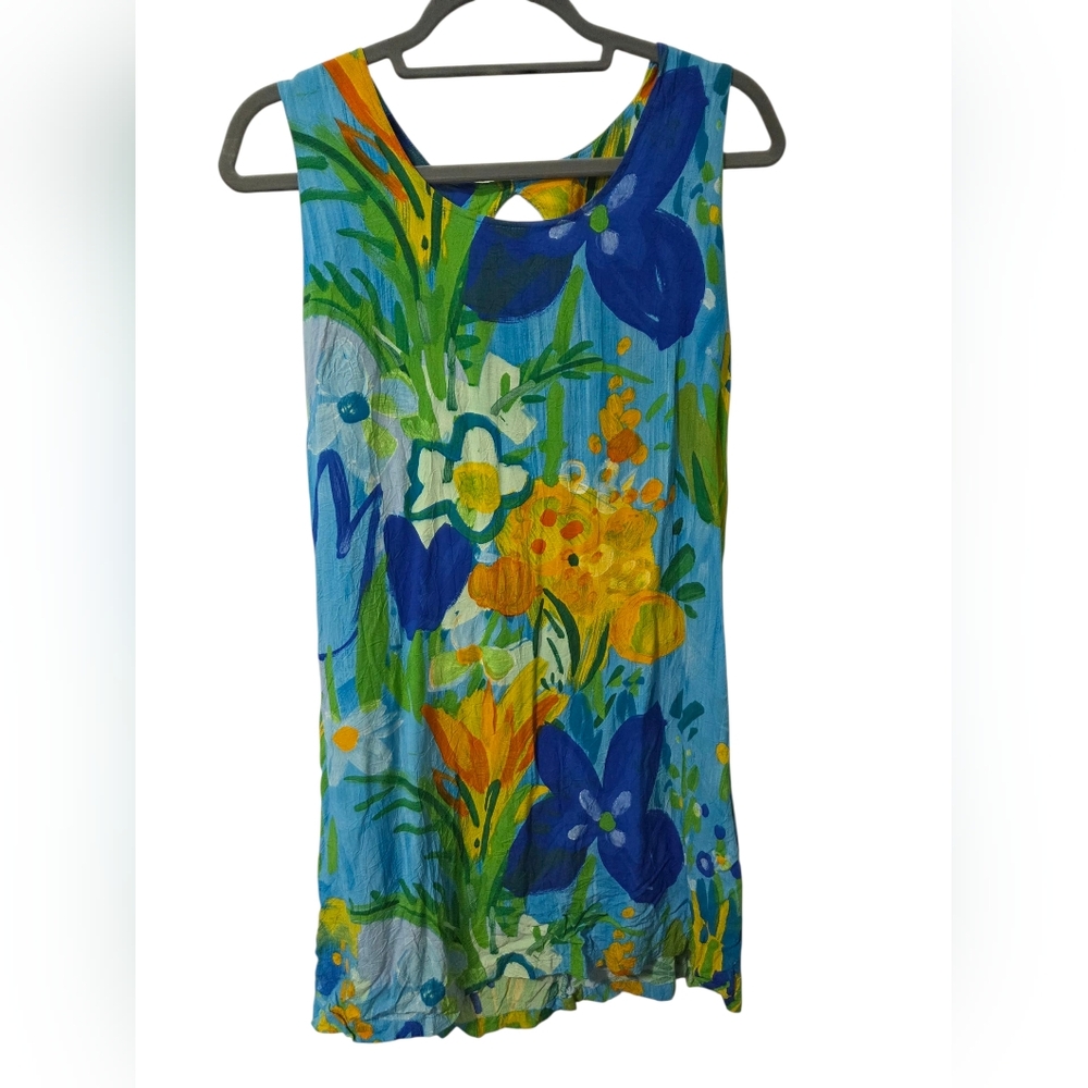 Jams World vintage bold floral blue yellow sleeveless crinkle gauze dress Small